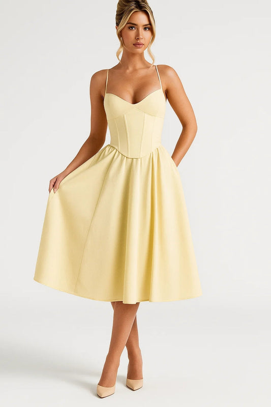 Midi-kjole til kvinder i fit-and-flare-stil | Bustier-top med stropper | Romantisk festlook